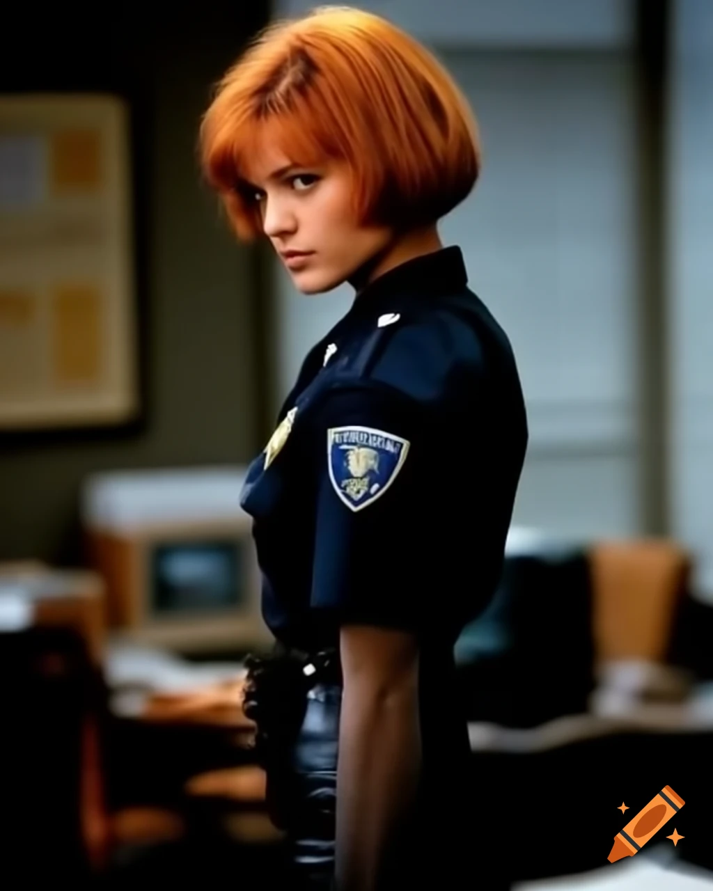 Close-up view of young female policewoman in uniform in office setting