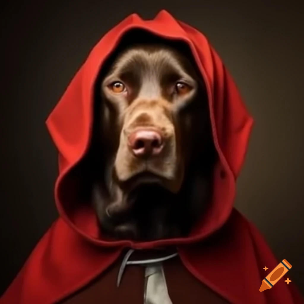 Brown labrador dog dressed in red riding hood costume