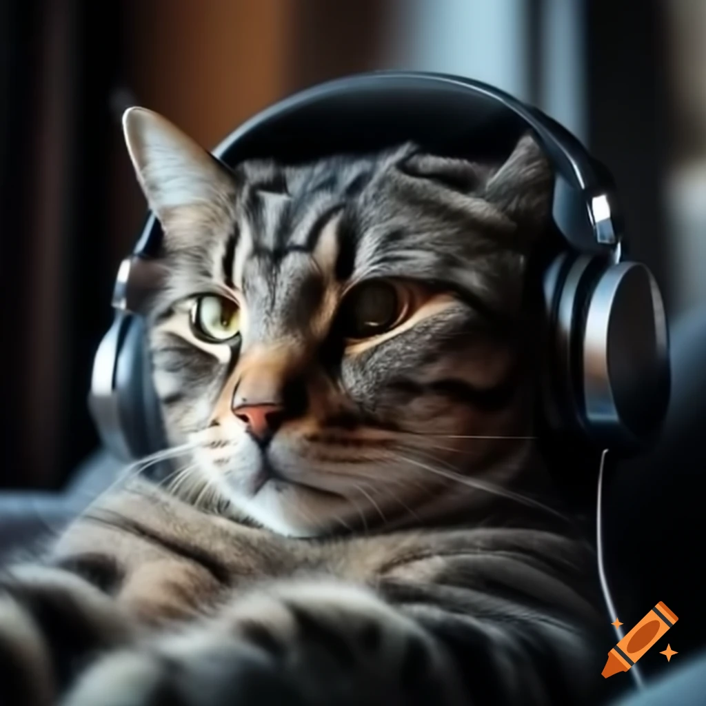 Tired cat wearing headphones looking up and left