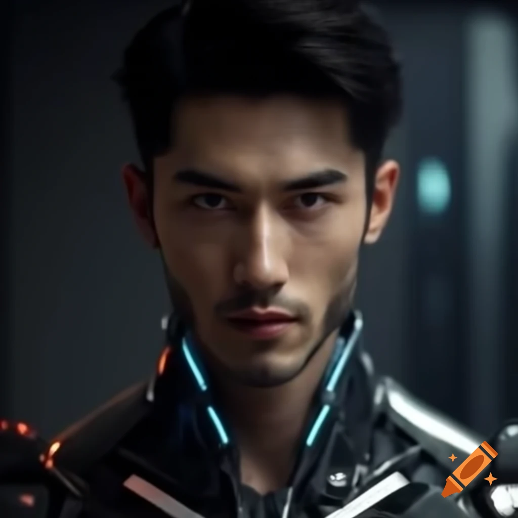 Man in futuristic suit with silver eyes and streaked hair