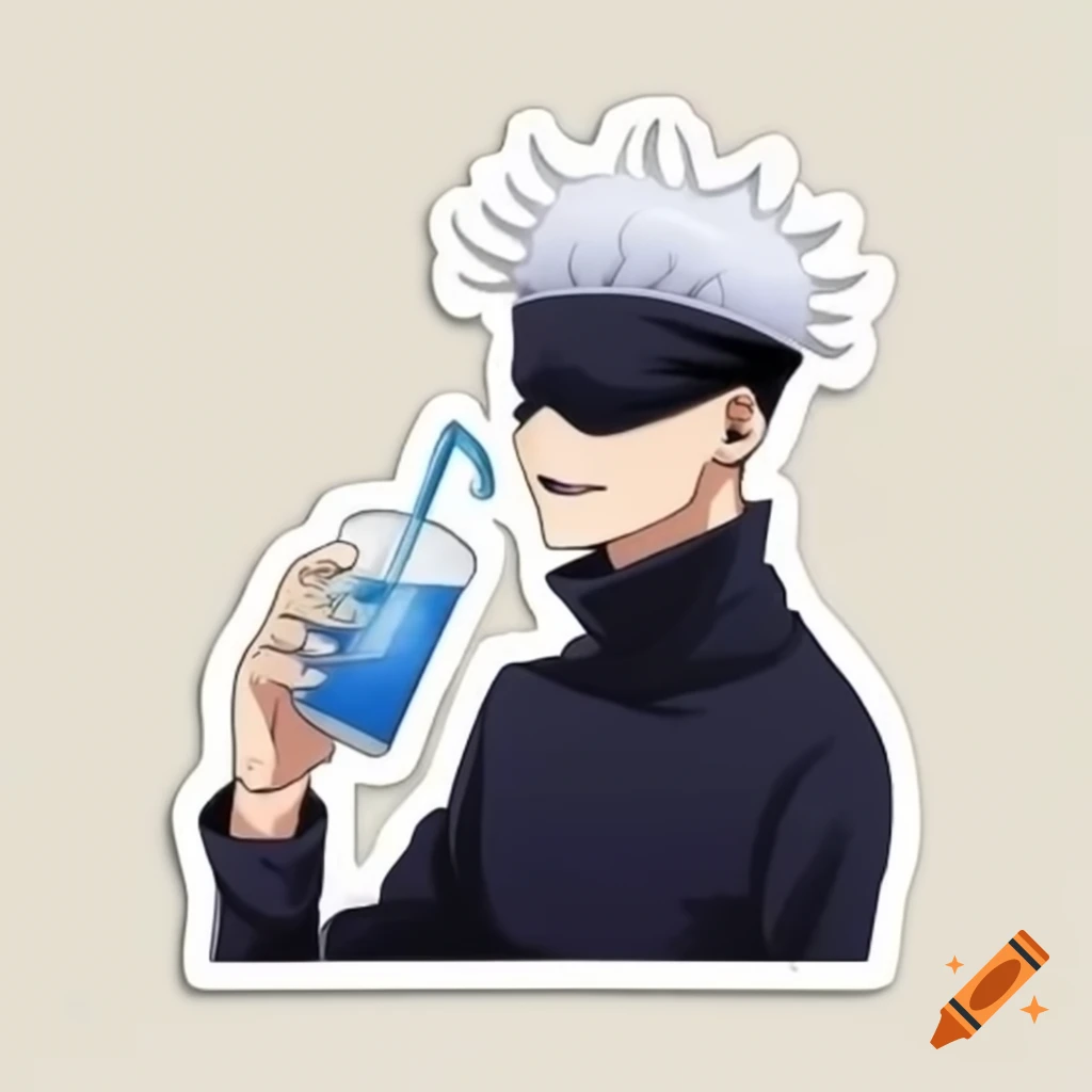 Gojo Satoru enjoying tea in 2D anime sticker style