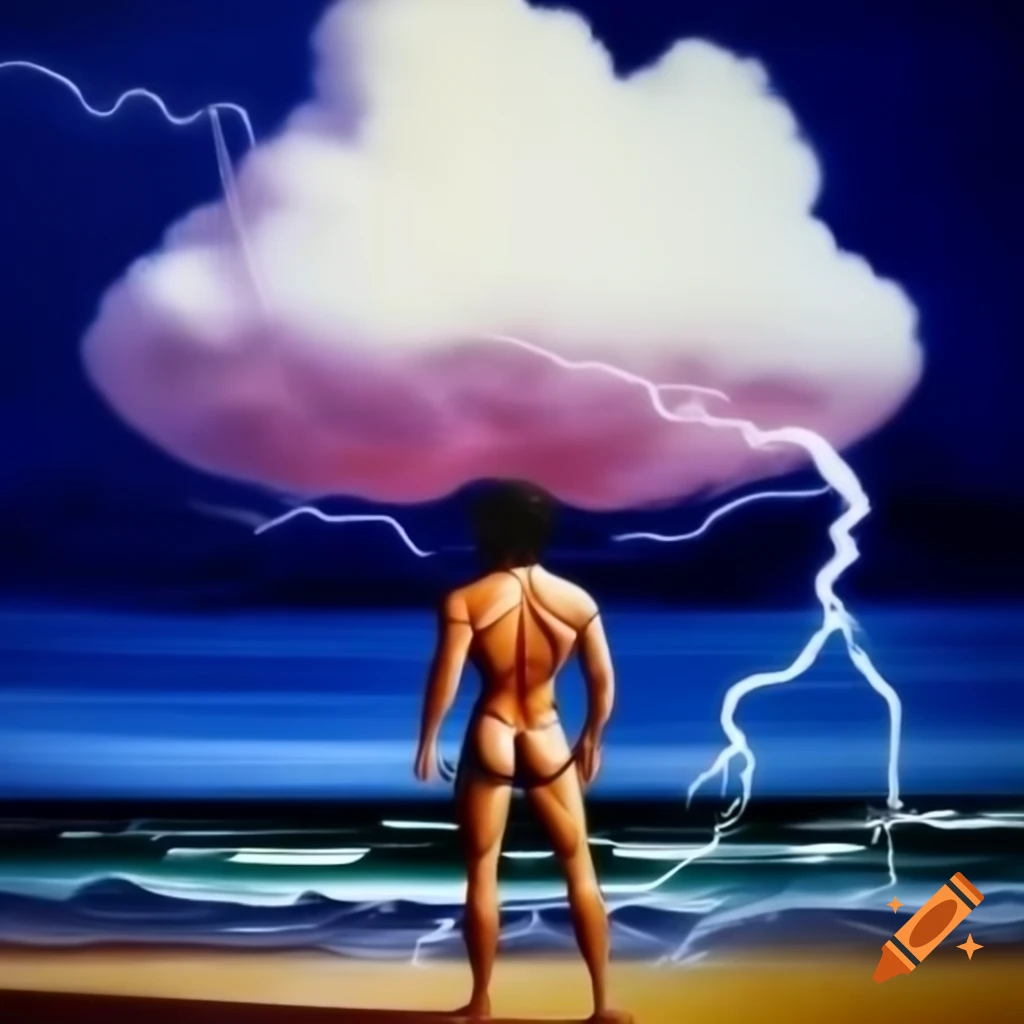 Cinematic lightning cloud shaped like muscular male at the beach