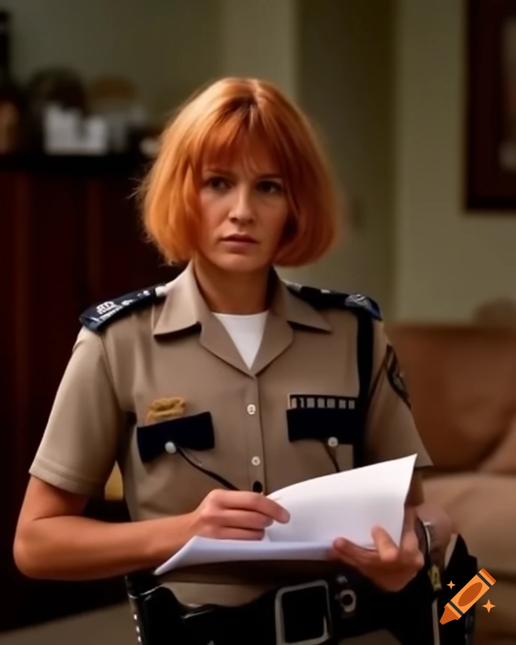 French female police officer taking notes at crime scene in dusty living room, hyper-realistic details