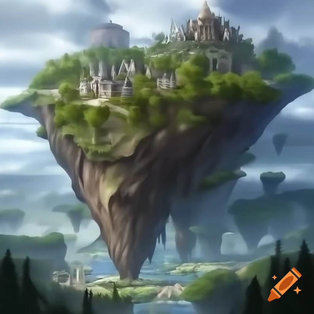 Colossal floating island with massive buildings and central medieval city
