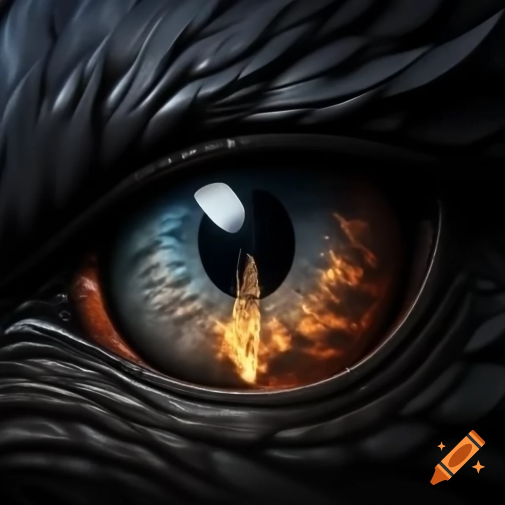 Raven eye resembling wolf eye, reflecting dark flame in darkness