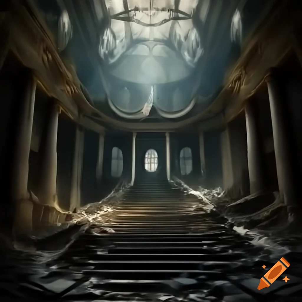 Dystopian future in crumbling palace showcasing remnants of opulence and decay