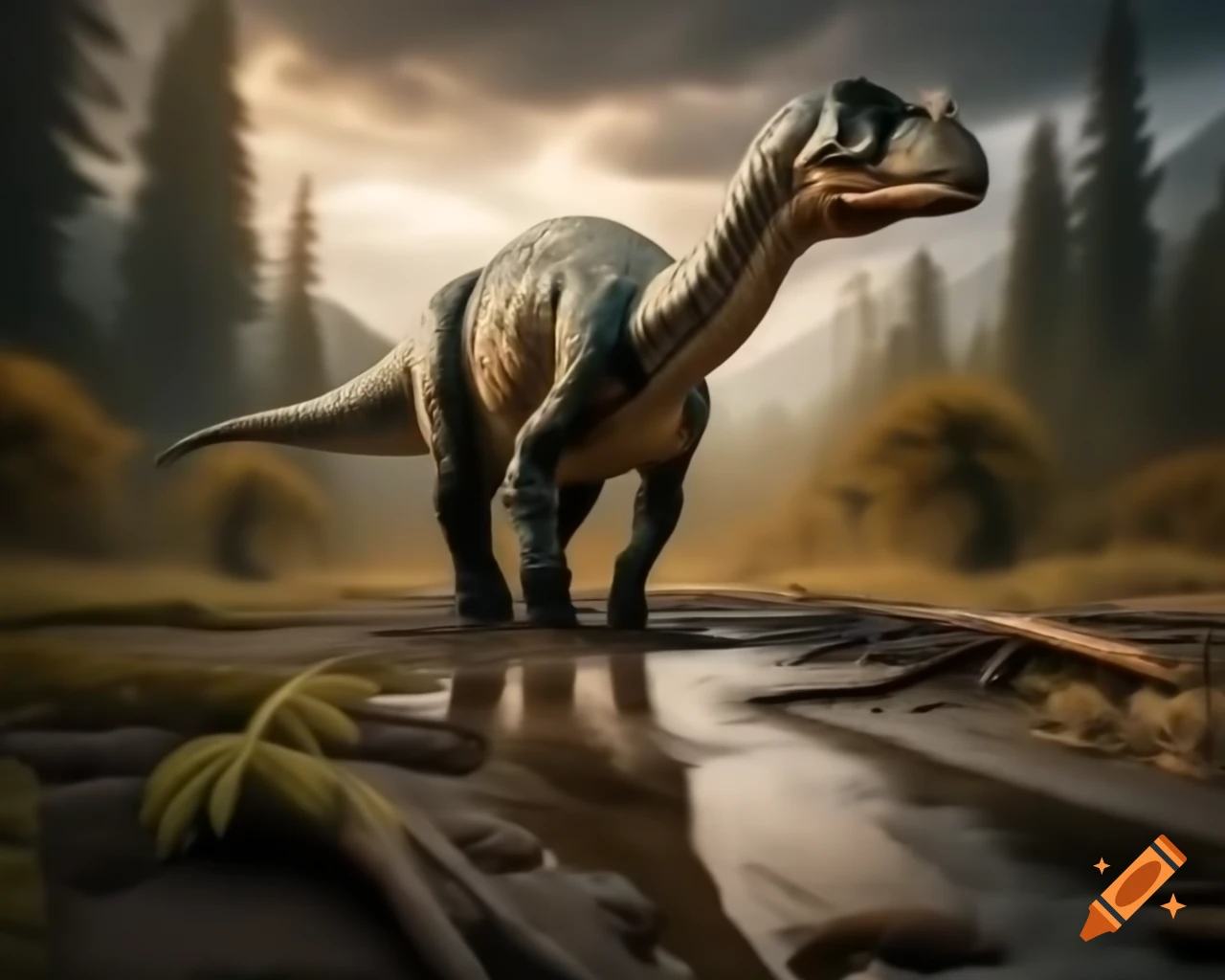Group of striped Hadrosaurus walking by stream in muddy flat with ferns and driftwood