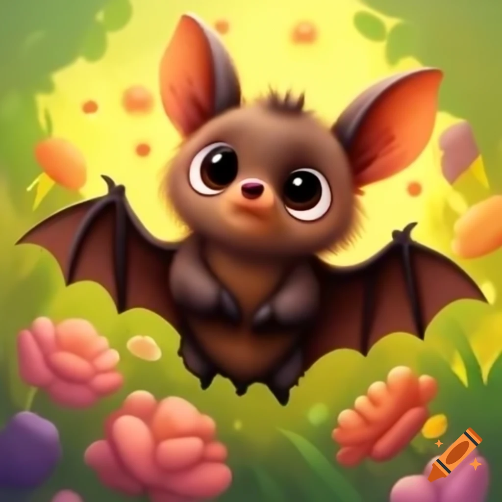 Cute bat among colorful flowers in painting