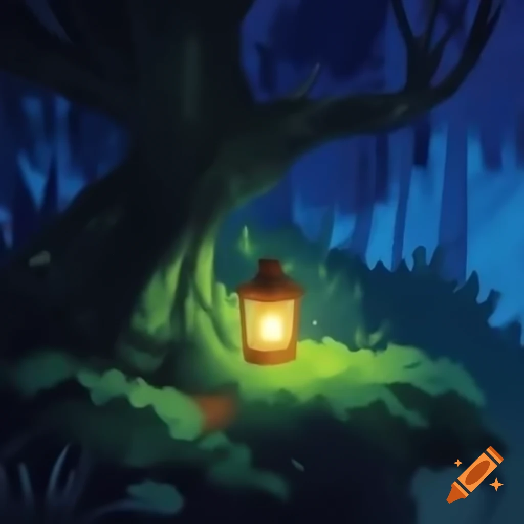 Nighttime forest with lantern hanging from tree