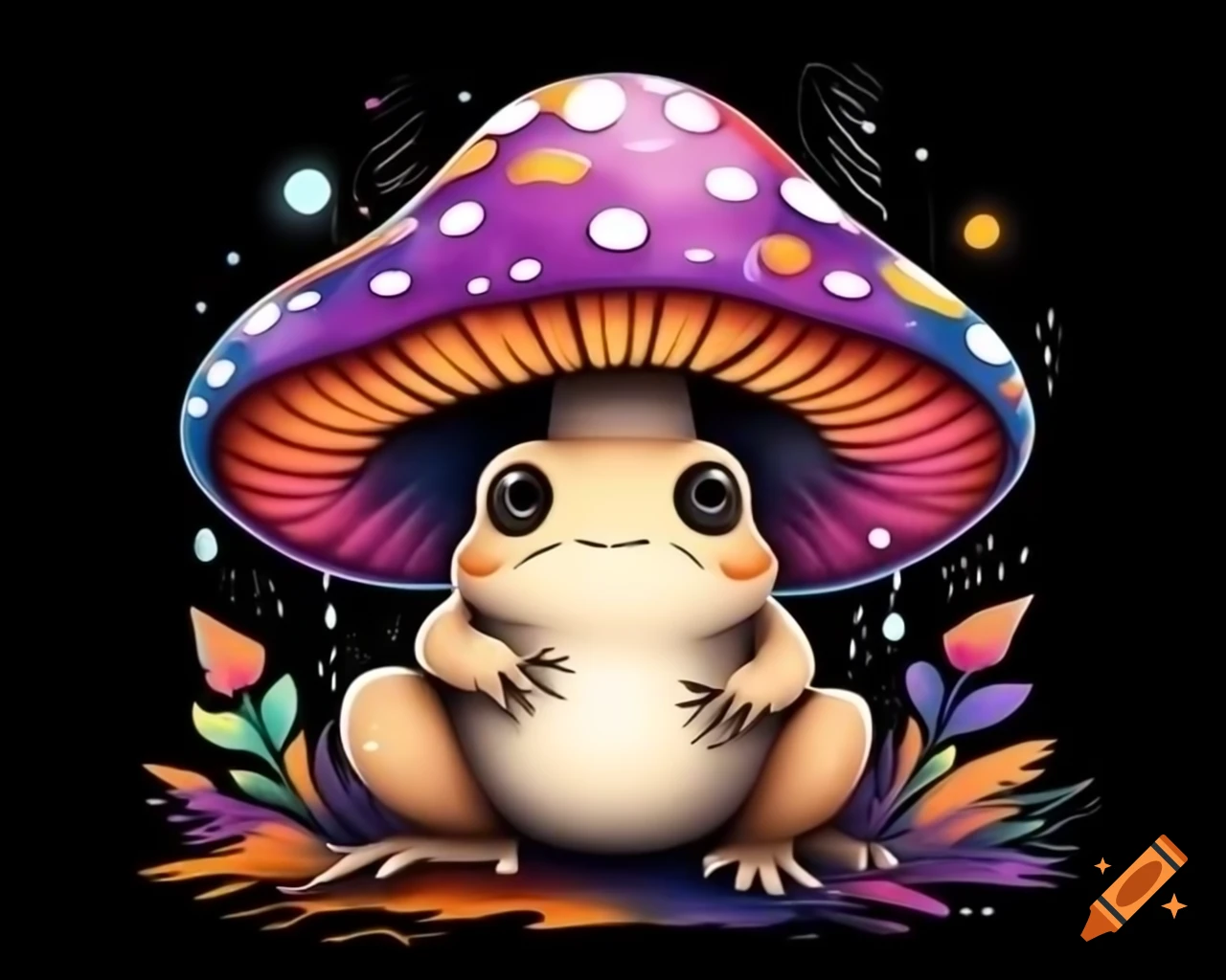 Watercolor Halloween toadstool in rainbow colors, storybook style