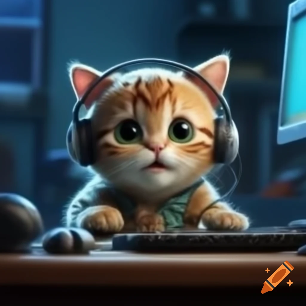 Cute cat playing on computer