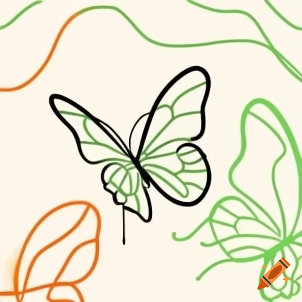 Minimalist black line drawing of butterfly in orange and green