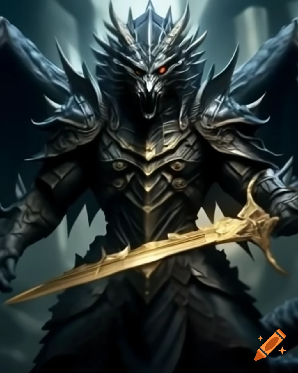 Black dragon in armor holding golden blade