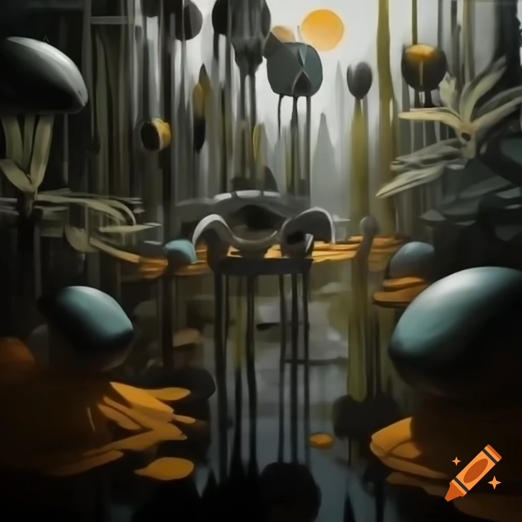 Abstract art of futuristic time travelers in Garden of Eden with exotic flora