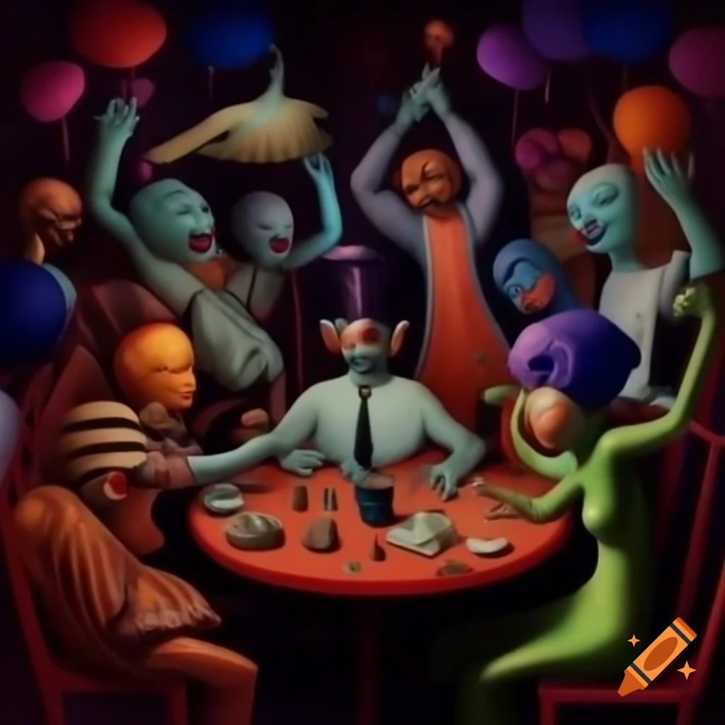 Surreal party scene promoting anti-fascism