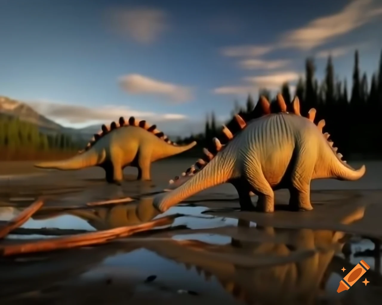 Two Stegosaurus in front of a Diplodocus in muddy landscape during golden hour