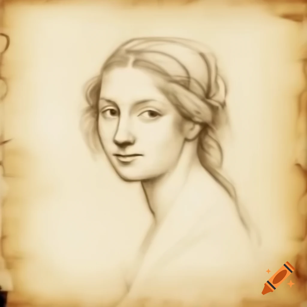 Pencil sketch of a woman in Da Vinci style on aged paper