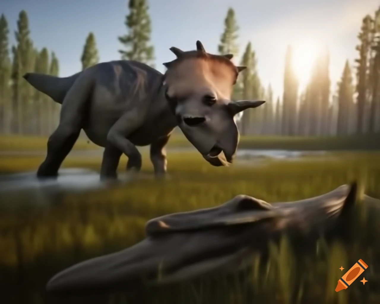 Protoceratops crossing marsh with driftwood under golden hour sunlight in British Columbia