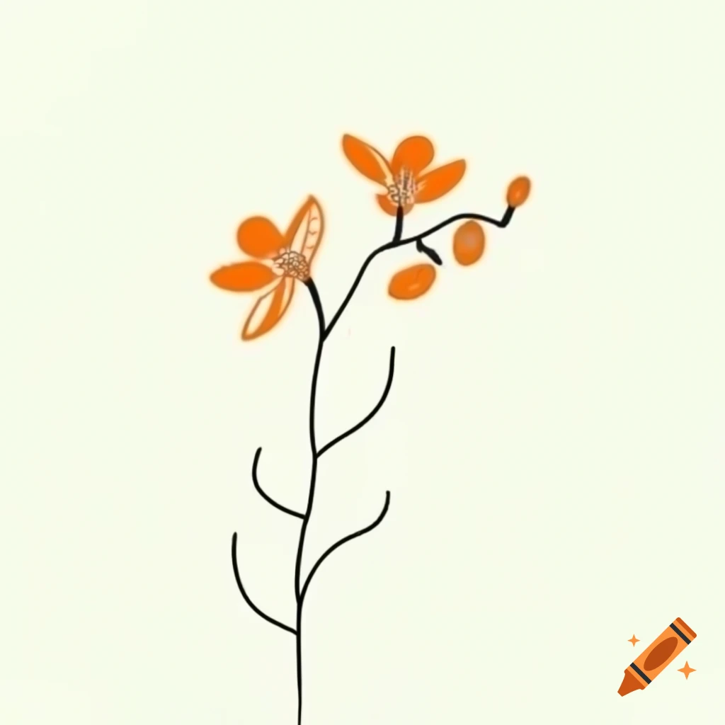 Minimalist black line drawing of orchid with orange and green accents