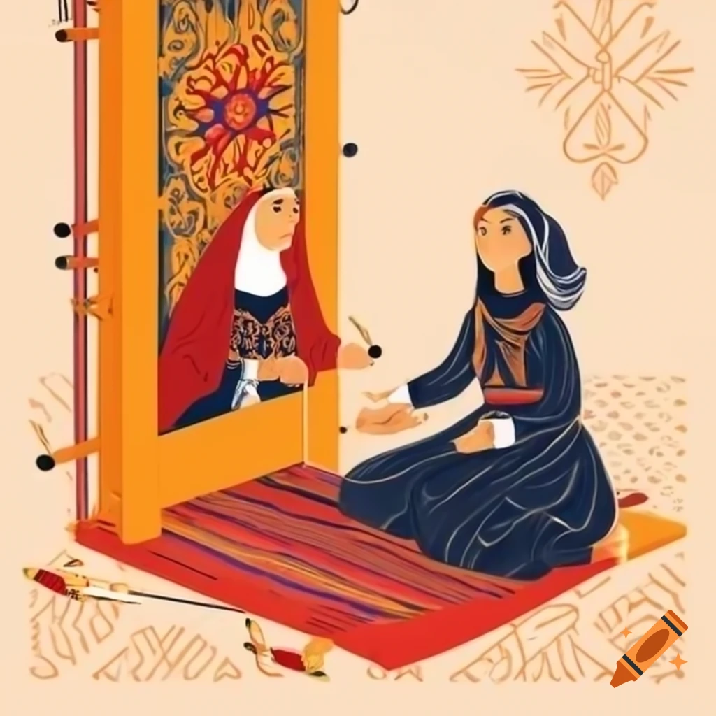 Bold graphic illustration of Armenian woman weaving surrounded by carpet design