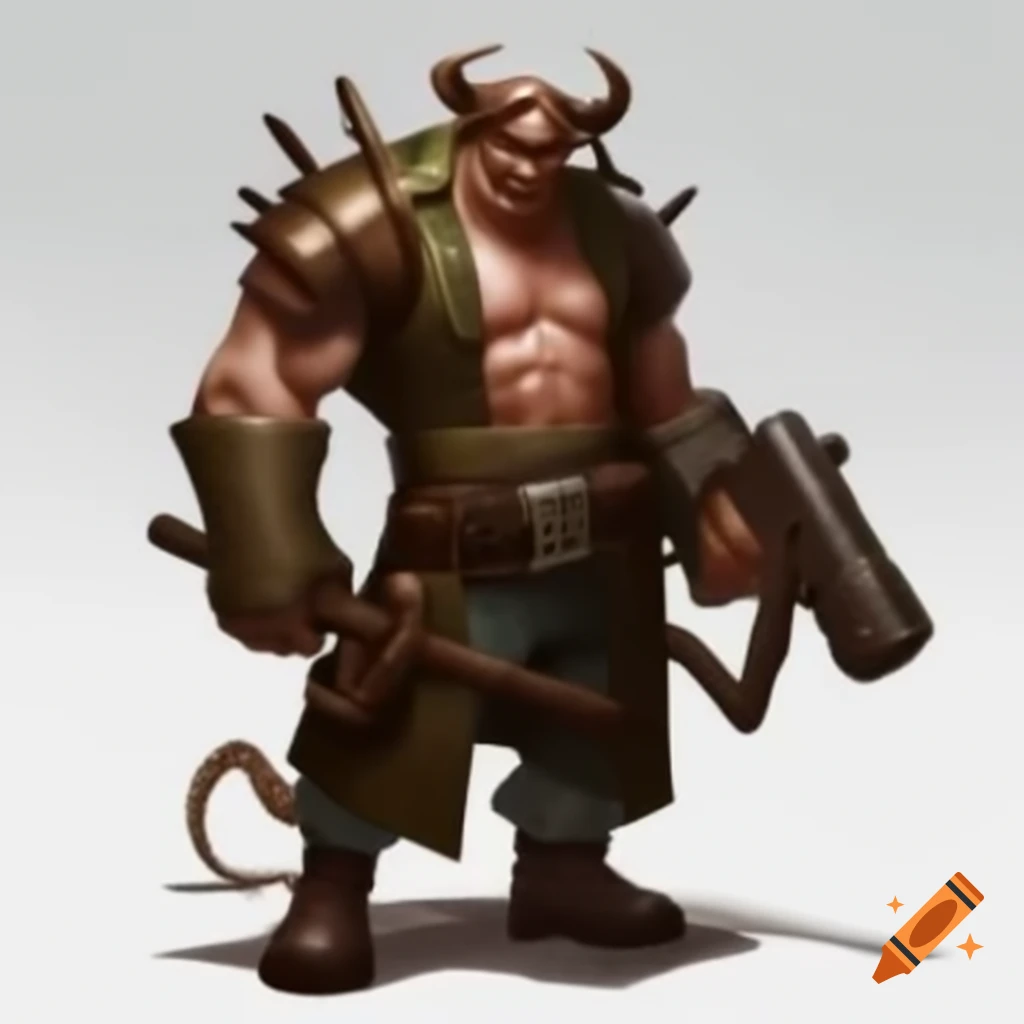 Steampunk humanoid with alien traits holding briefcase gun