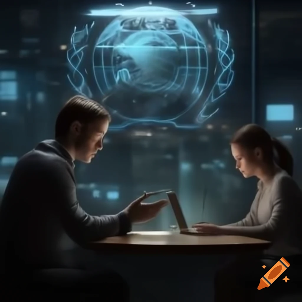 Man and woman in front of digital world