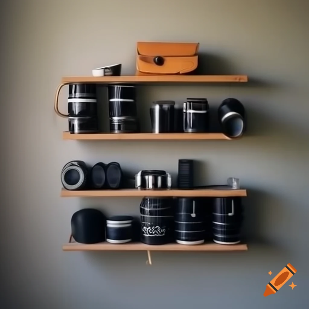 Horizontal shelves displaying photography equipment including cameras and lenses