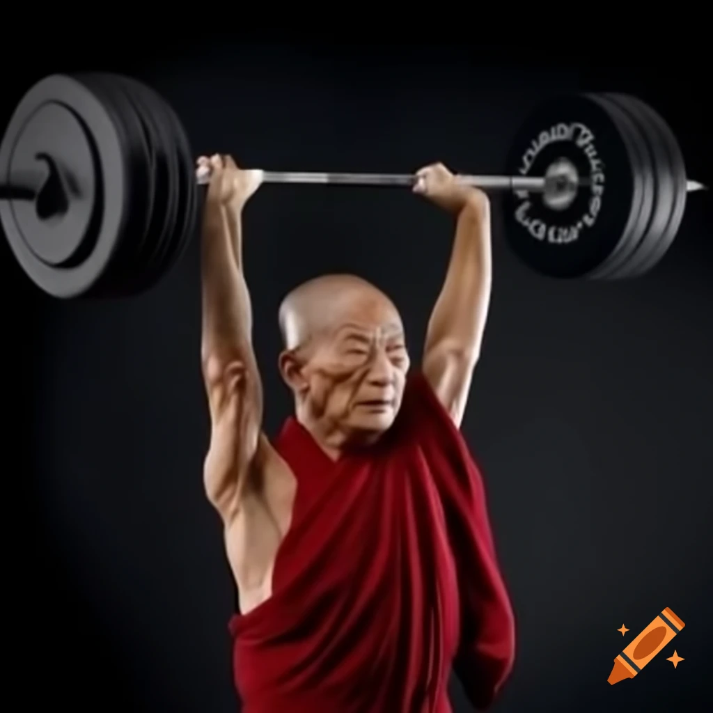 Elderly Shaolin monk lifting barbell overhead