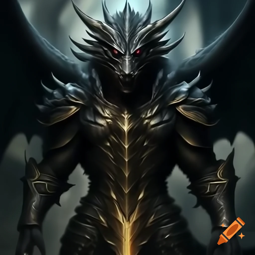 Powerful black dragon in armor wielding a golden blade