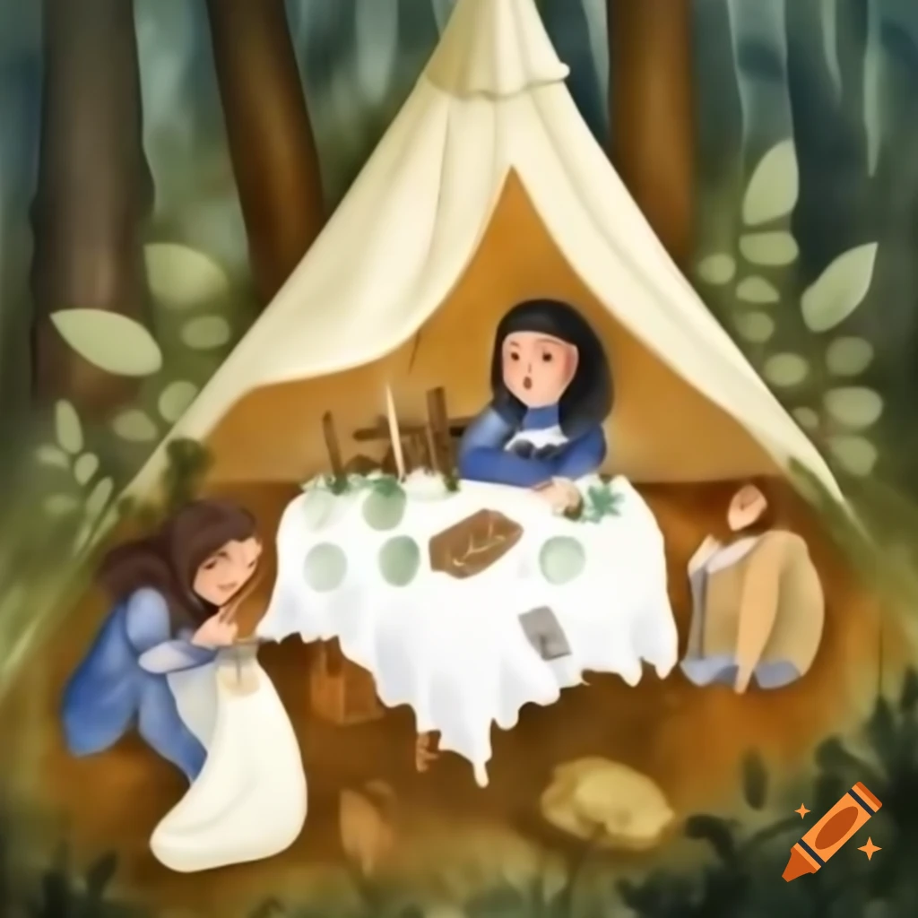 Aquarell painting of a clearing in the woods with a see-through tent, featuring a woman and a girl inside