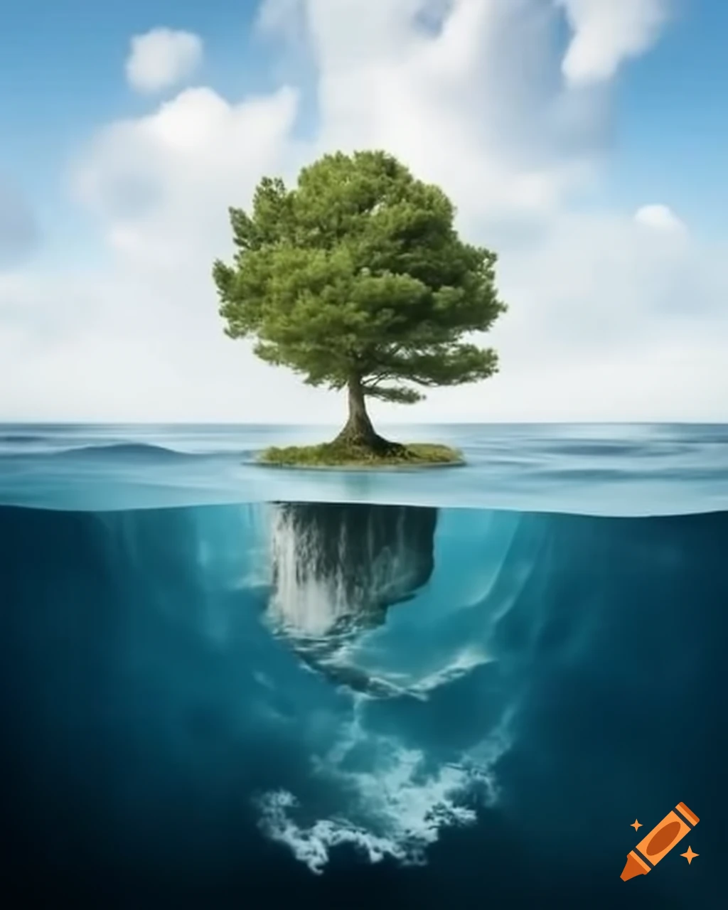 Surreal large tree tumbling from cliff into ocean, dramatic photography