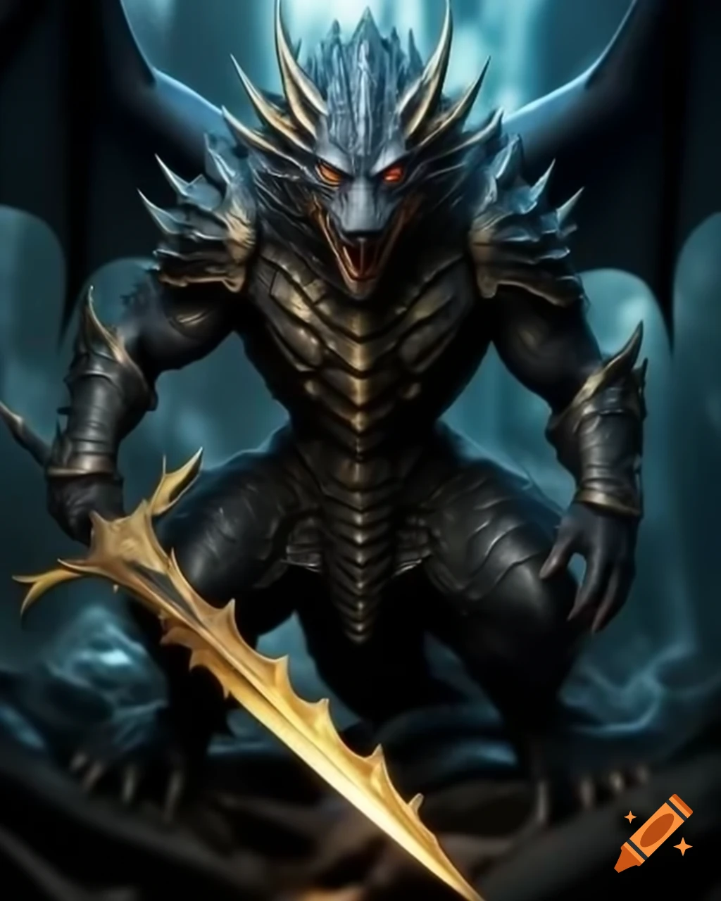 Black dragon in armor swinging golden blade in attack pose
