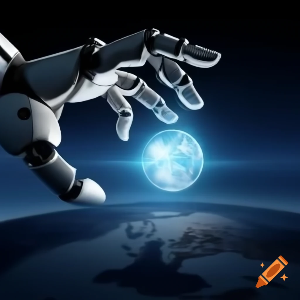 Humanoid robot holding Earth simulating an atom with a silhouette of a human