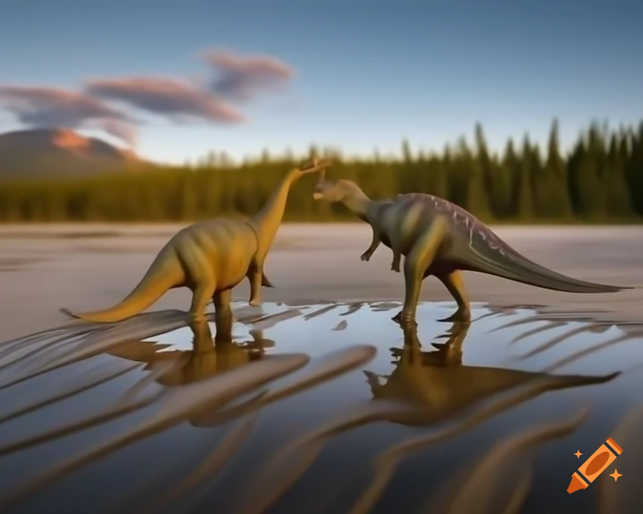 Two Stegosaurus in mudflat with Diplodocus moving towards forest
