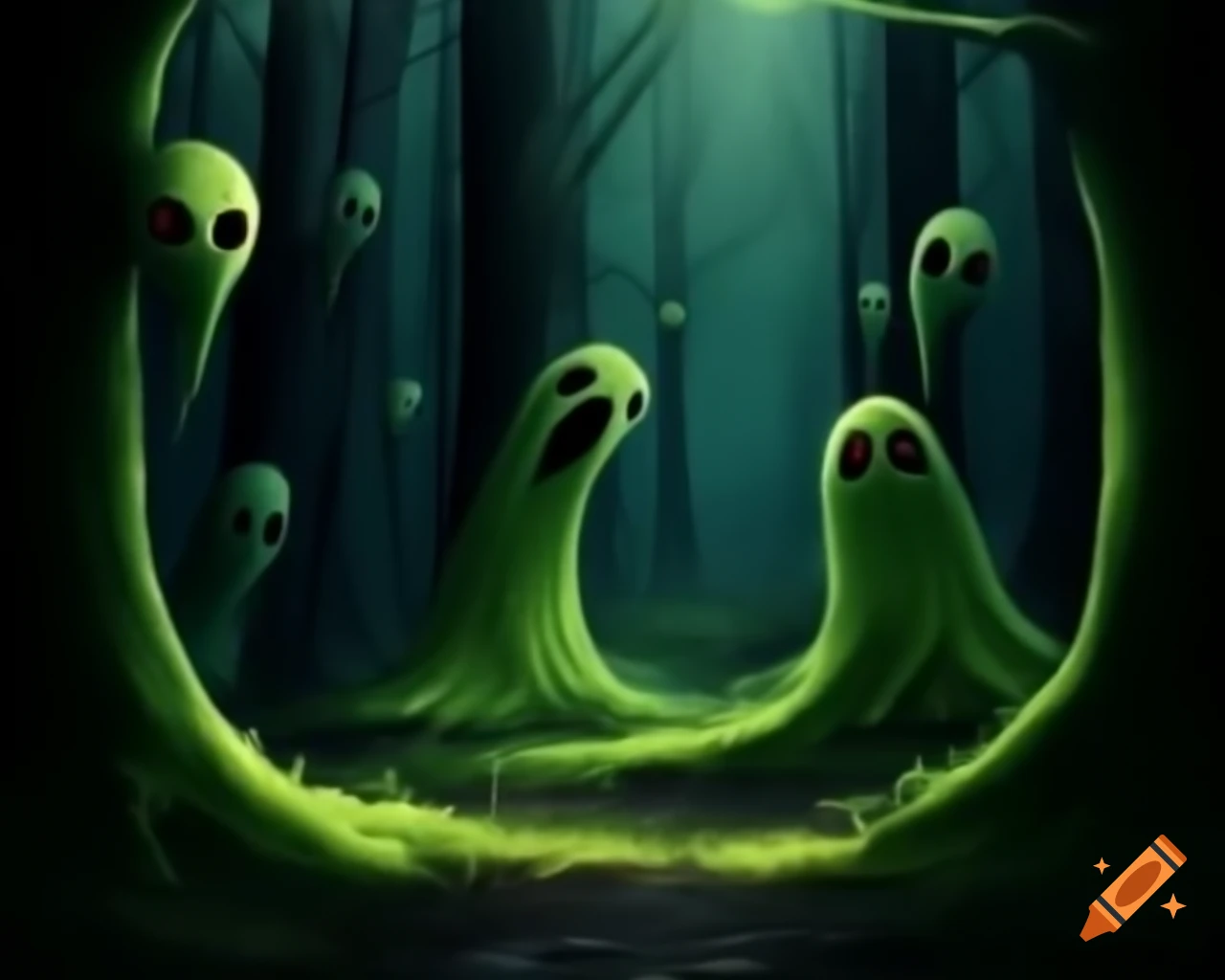 Sinister forest with trees featuring eyes and ghostly apparitions