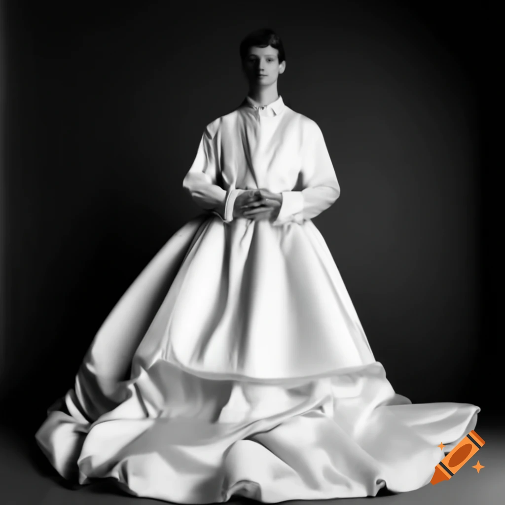 Handsome young man in elegant floor-length white satin gown with lace trim