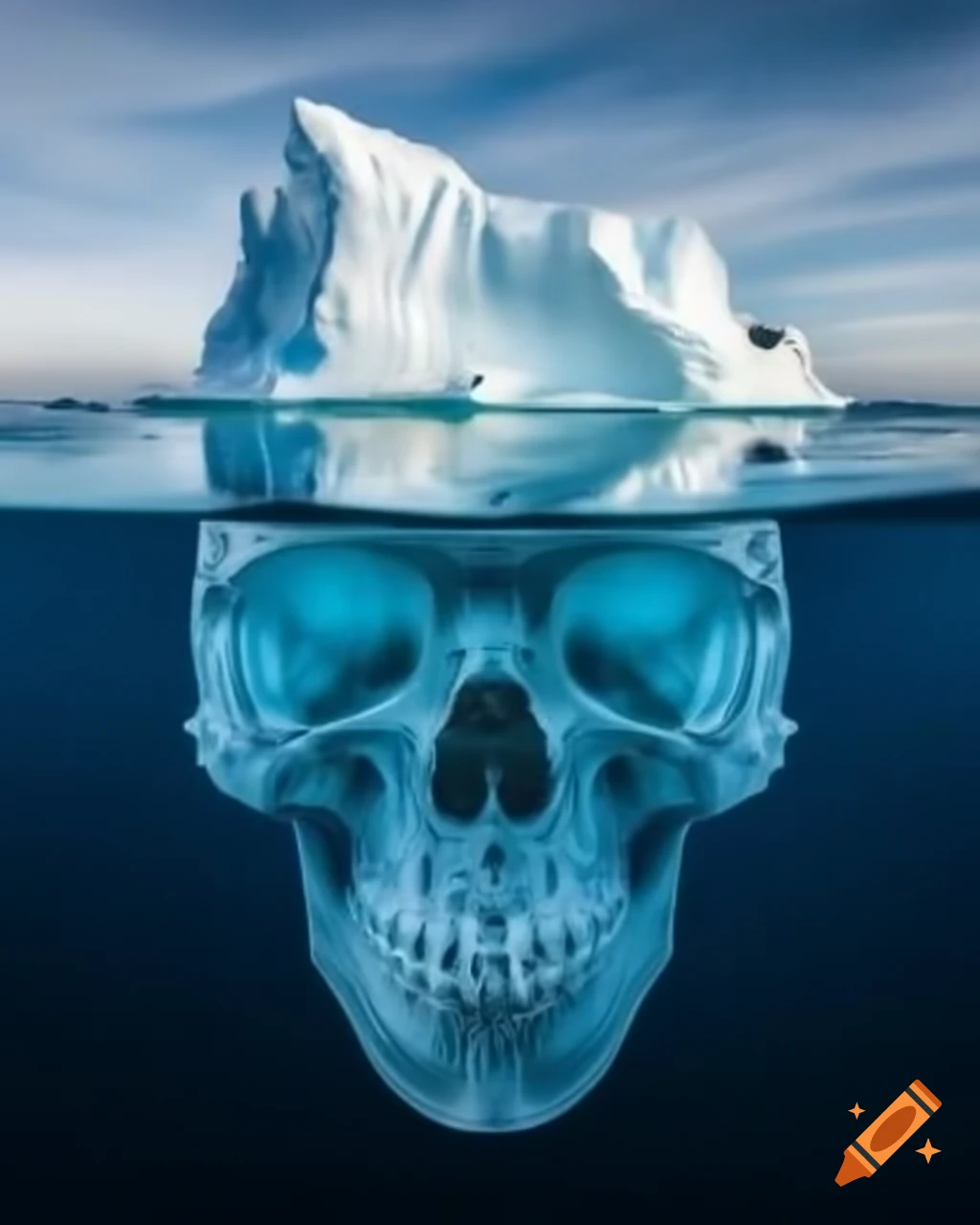 Mysterious island on skull-shaped iceberg divided into top sinister island and underwater giant skull