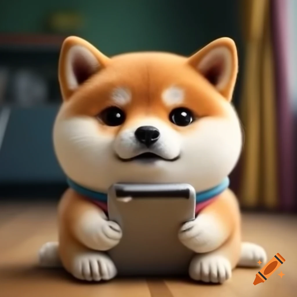 Shiba inu cutely holding mobile phone