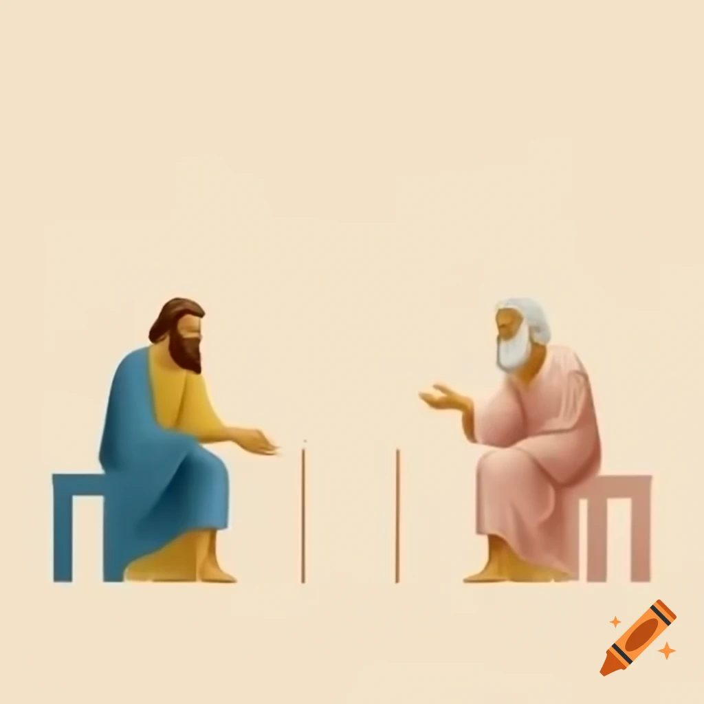 Debate scene with Socrates and Jesus Christ in minimalist artistic style