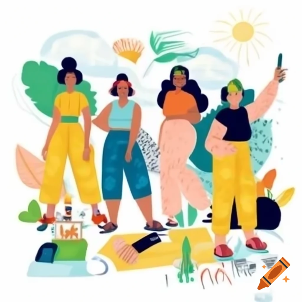 Diverse women confidently smiling while exercising, working, and relaxing in a sunny nature setting
