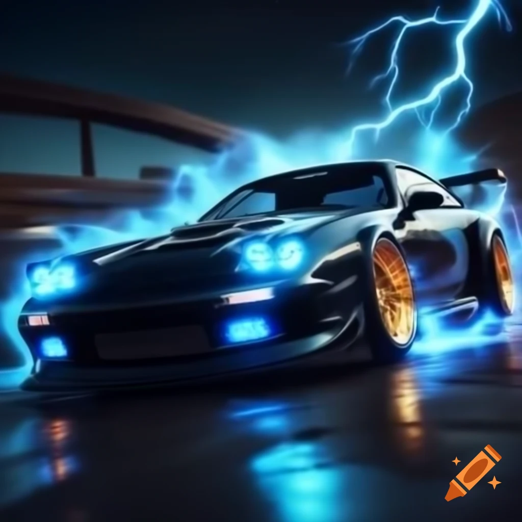 Dynamic design of VELOCITY with blue lightning effects behind a fancy JDM car