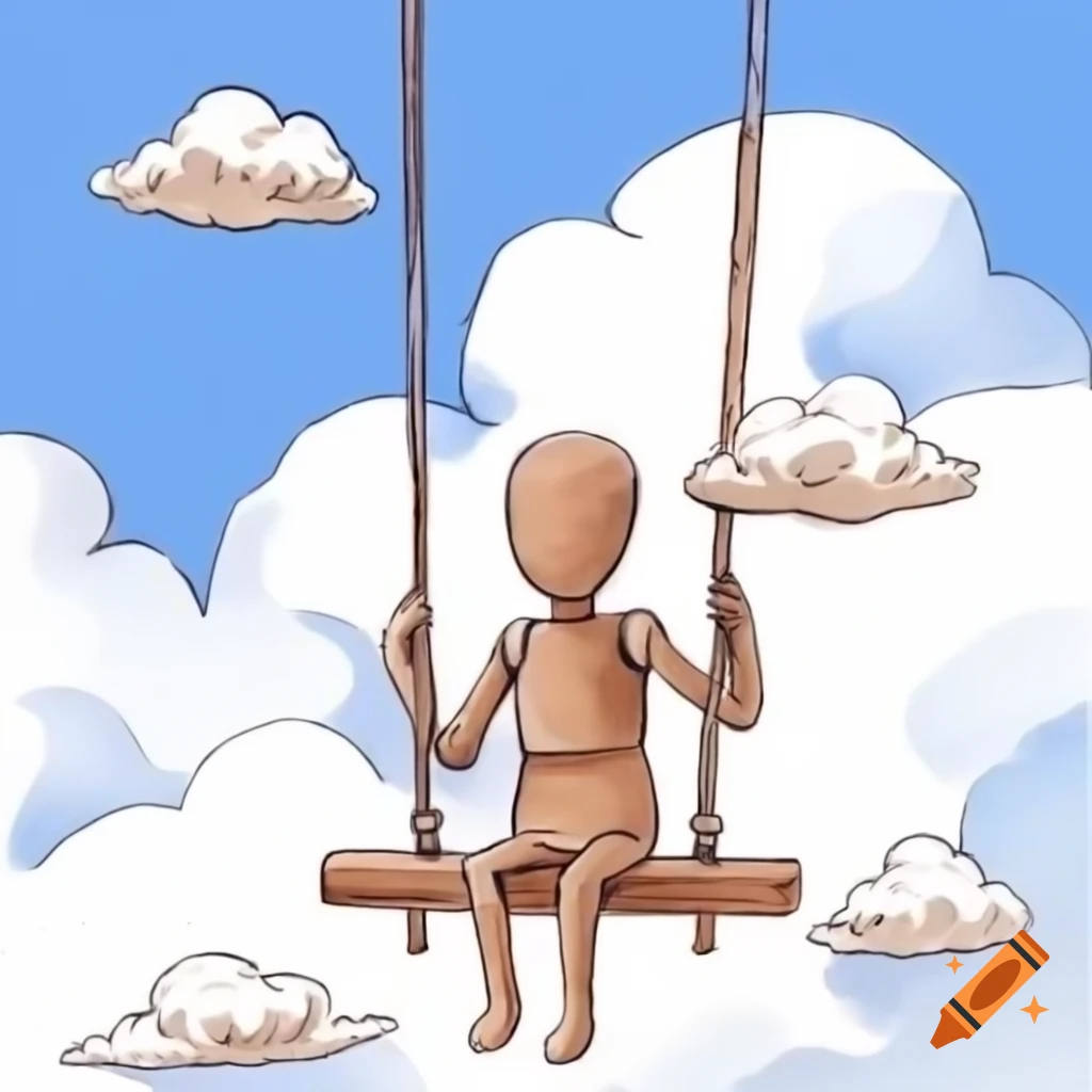 Handmade sketch of a dummy on a swing in the clouds