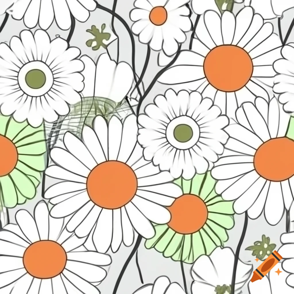 Minimalist black line drawing of daisy flowers with orange and green on white background