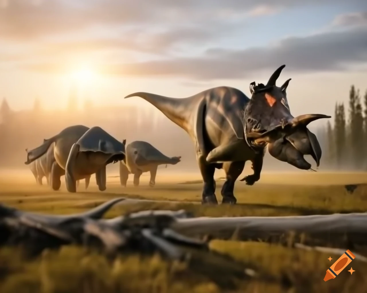 Herd of protoceratops crossing moorland during golden hour in British Columbia