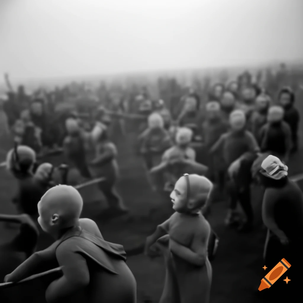 Teletubbies in a playful battlefield scene with Tinky Winky leading a cavalry charge