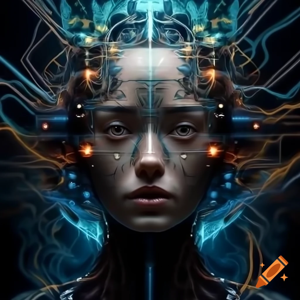 Abstract humanoid figure representing artificial intelligence with circuits and glowing lines