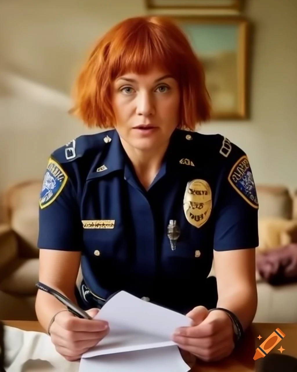 Grumpy blushing French female police officer with ginger hair taking notes at a crime scene