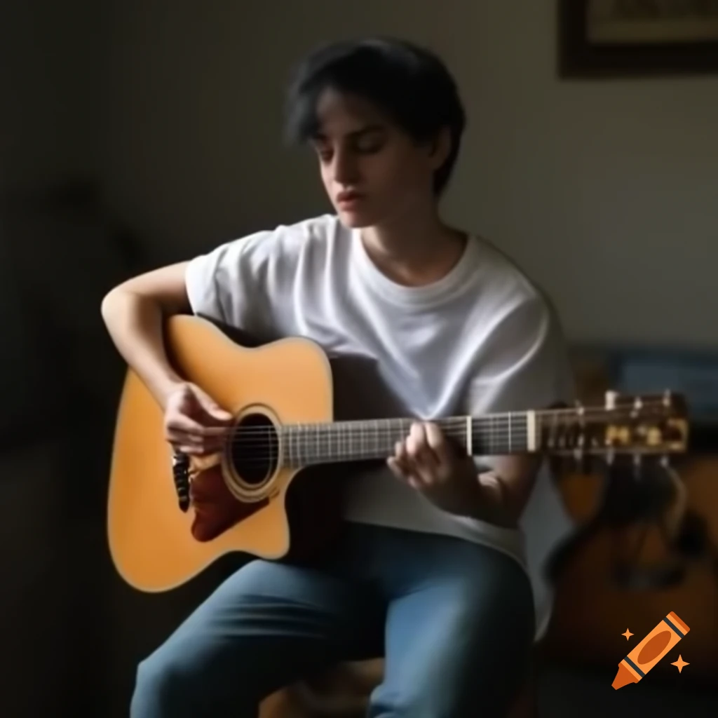 Young man with black hair playing guitar at home, face hidden