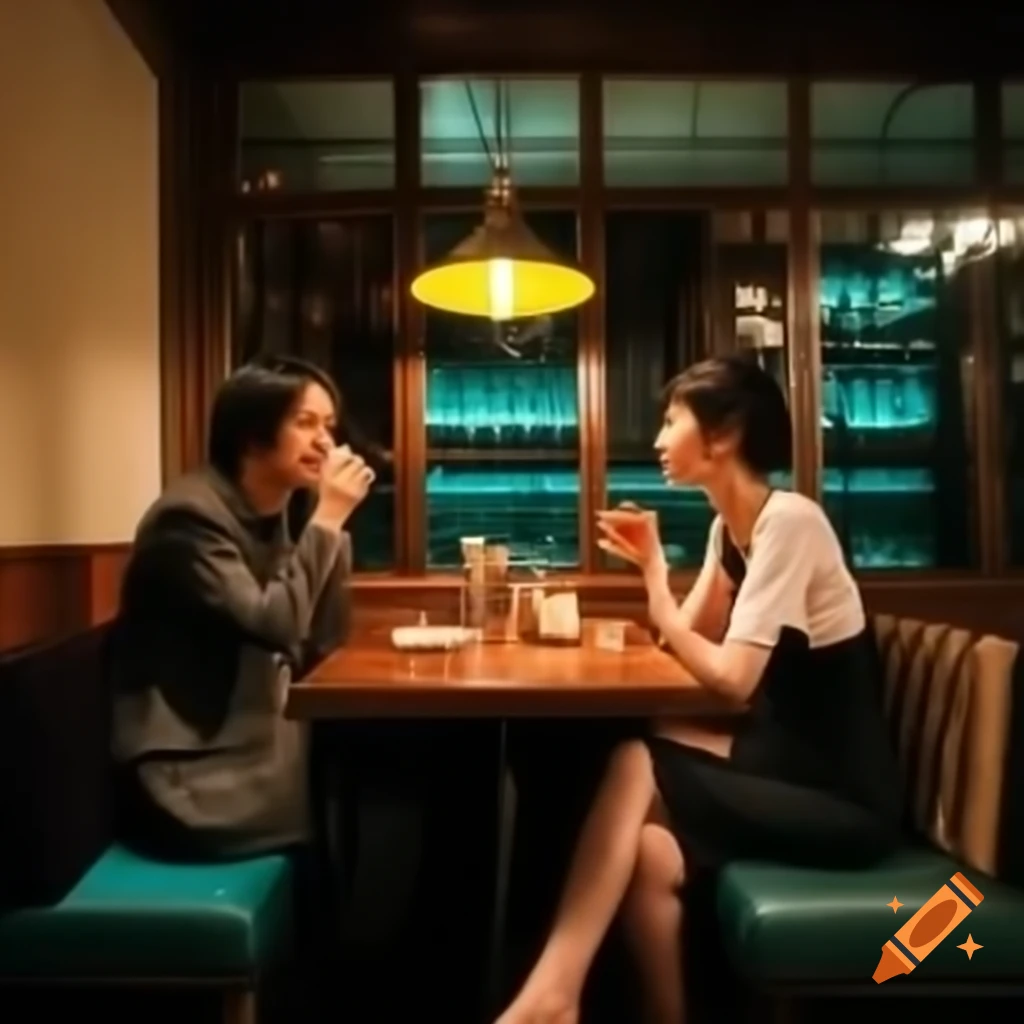 Couple on a cozy date at a Tokyo bar with warm colors and drinks