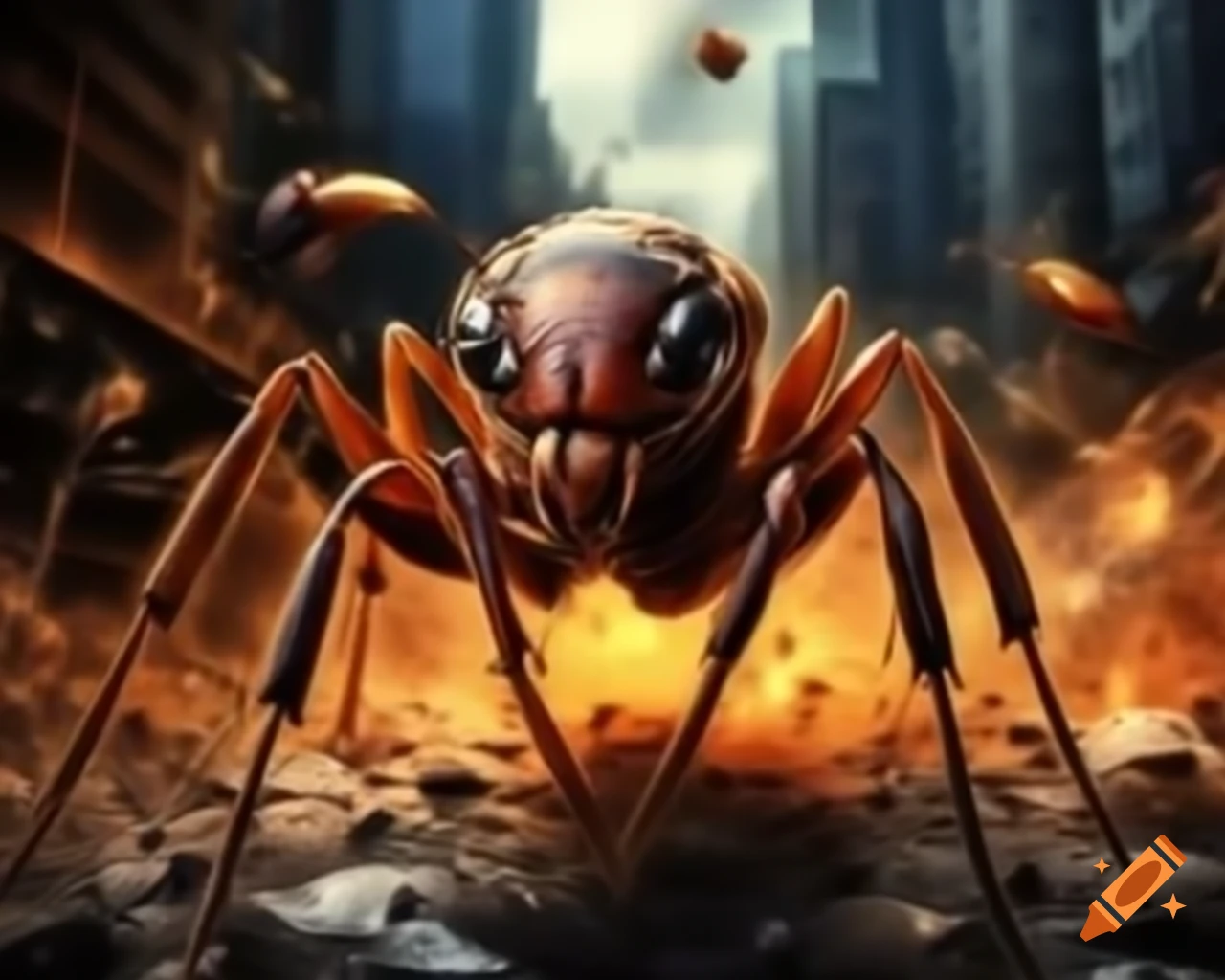 Giant ant causing destruction in a cityscape